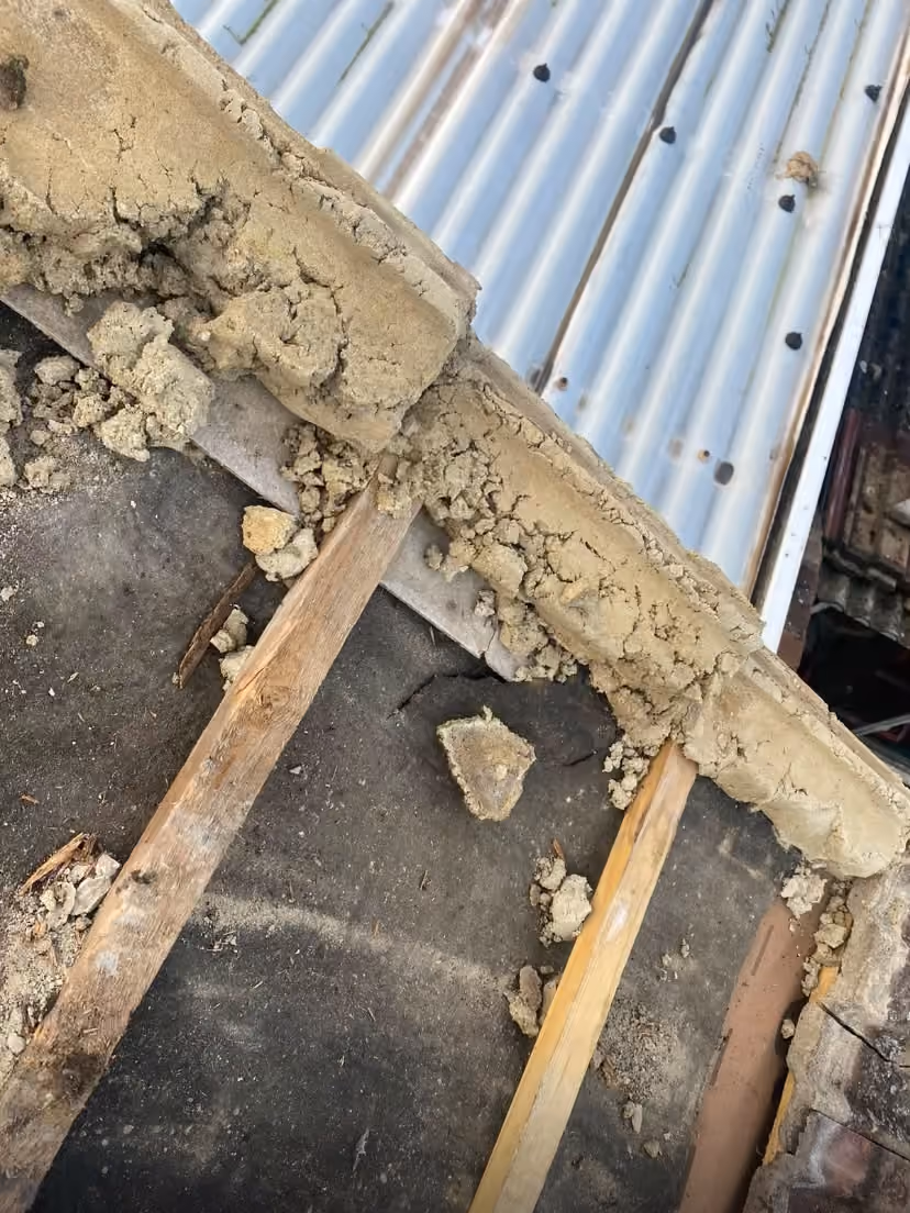 Old sand and cement bedding crumbled away under a ridge tile