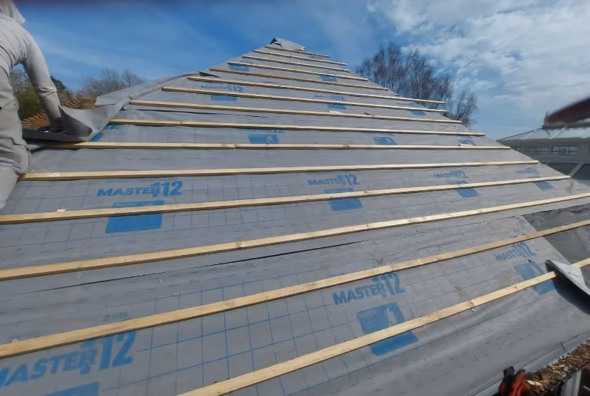 Gutter line along the eaves of a tiled roof